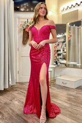 Sparkly Hot Pink Sequins Off The Shoulder Keyhole Back Prom Dresses